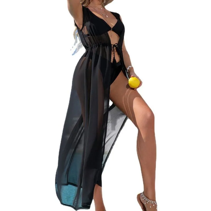 Cardigan Beach Cover Up Sheer Chiffon Para Mulheres Pretas