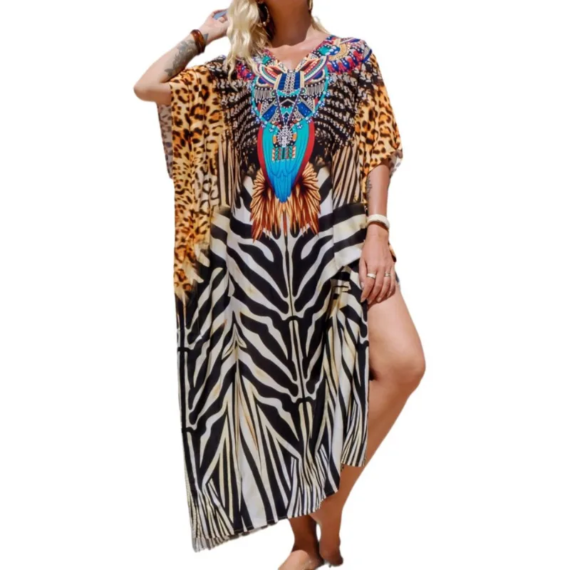 Cardigã Beach Cover Up Com Estampa Boêmia E Roupa De Banho Folgada
