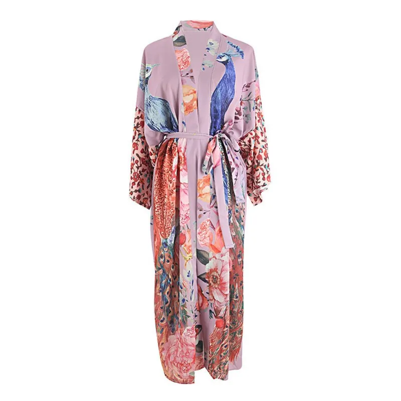Cardigã Beach Cover Up Com Estampa De Pavão, Roupa De Banho Folgada