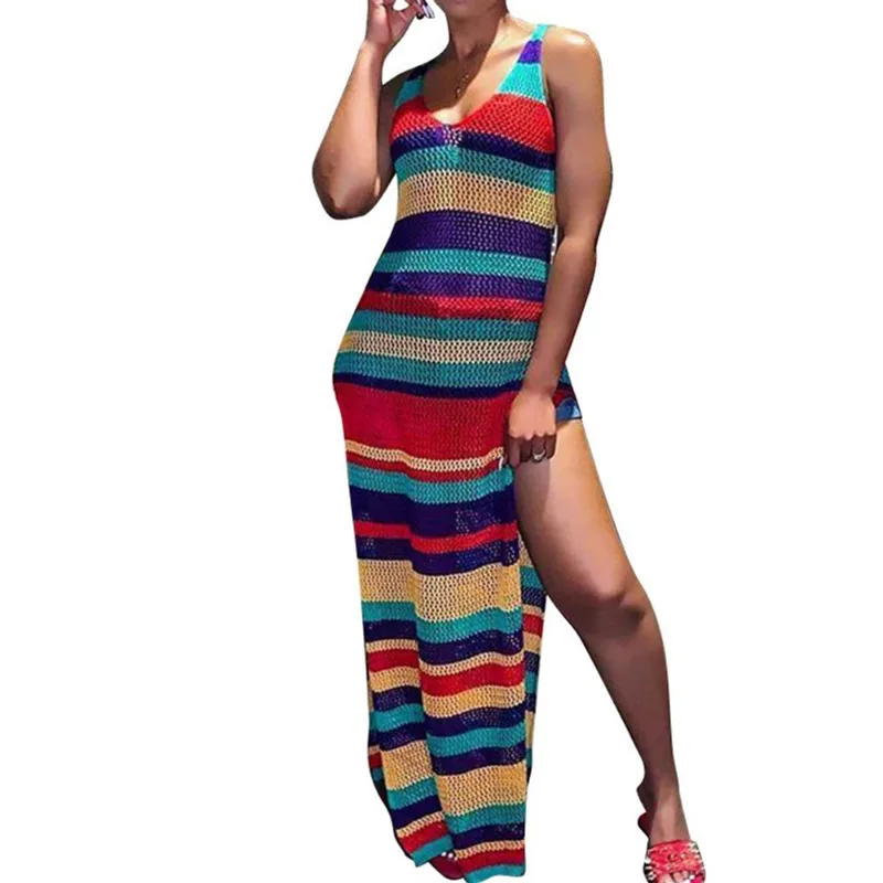 Casaco De Malha Feminino Com Listras Arco-íris Beach Cover Up