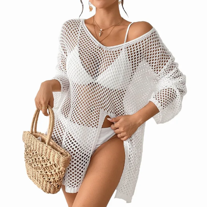 Cardigã Feminino De Malha De Malha Beach Cover Up Com Decote Em V Branco