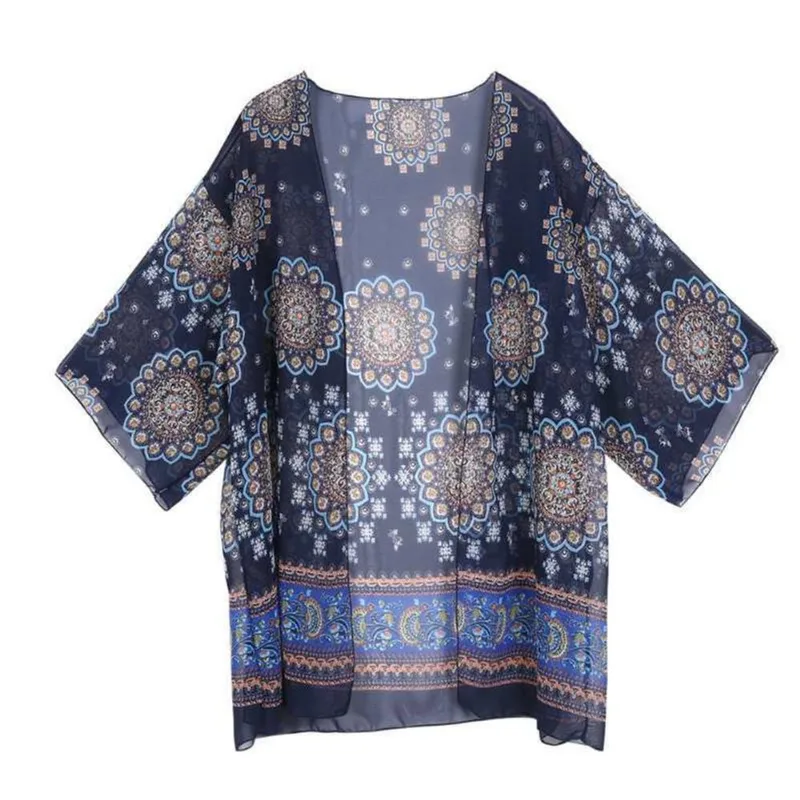 Casaco De Quimono Boho Com Capa De Praia Para Mulher Em Chiffon Open F