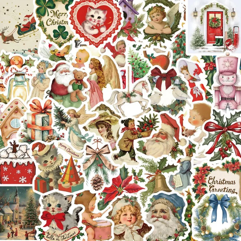 Pacote De Adesivos Retro Christmas, 50 Unidades De Vinil Vintage