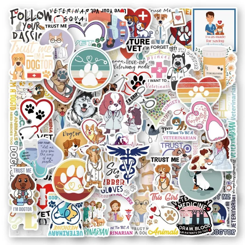 Pacote De Adesivos De Medicina Veterinária, 50 Unidades De Desenho Animado Animal Car