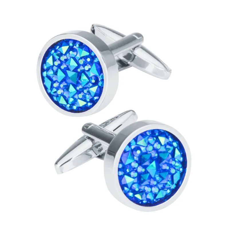 Cufflinks Ele Round Blue Sparkling Satellite Stone Para Homens