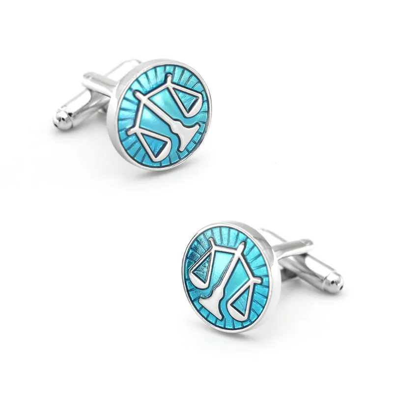 Cufflinks Libra Zodiac Para Homens, Design Redondo, Esmalte Azul