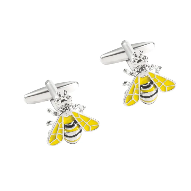 Cuff Links Bee Design Para Homens, Esmalte Amarelo, Banhado A Prata