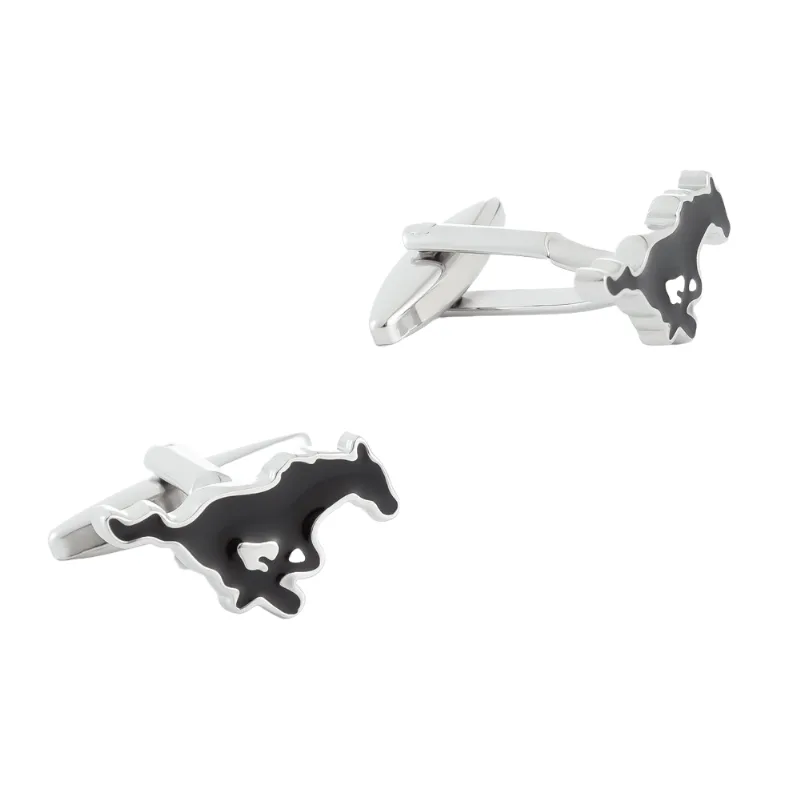 Cufflinks Silver Horse Para Homens, Design Elegante De Cavalo Com Preto