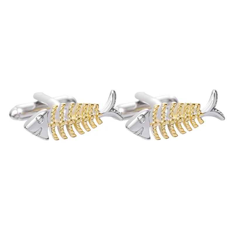 Cufflinks Fishbone Para Homens Silver E Gold Fish Skeleton
