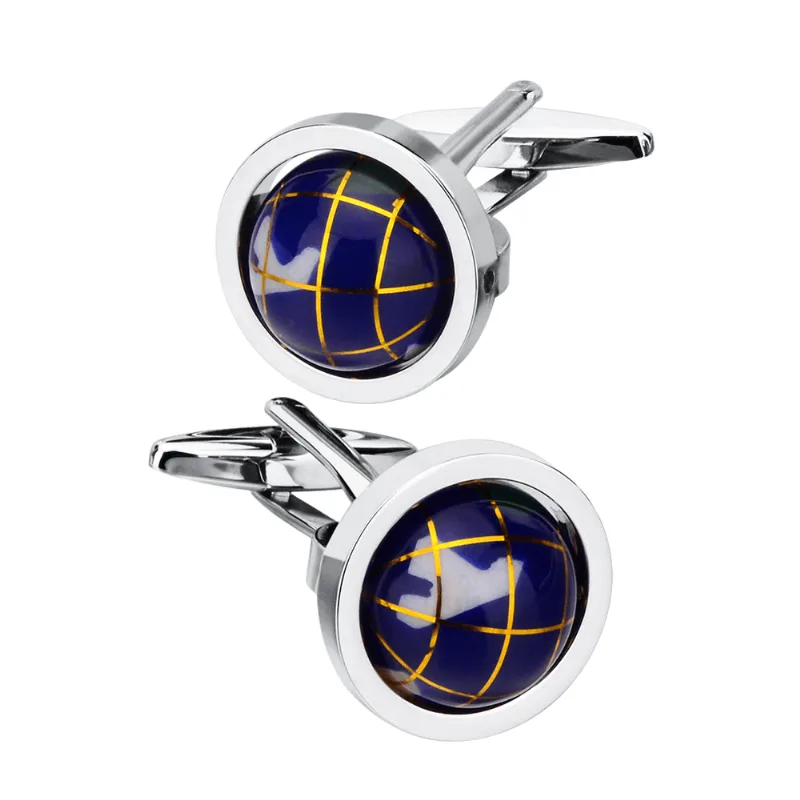 Cufflinks Blue Globe Com Grade Dourada Giratória Para Homens