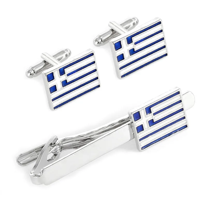 Conjunto De Abotoaduras E Clipes De Gravata Com Bandeira Grega Para Homens Banhado A Prata