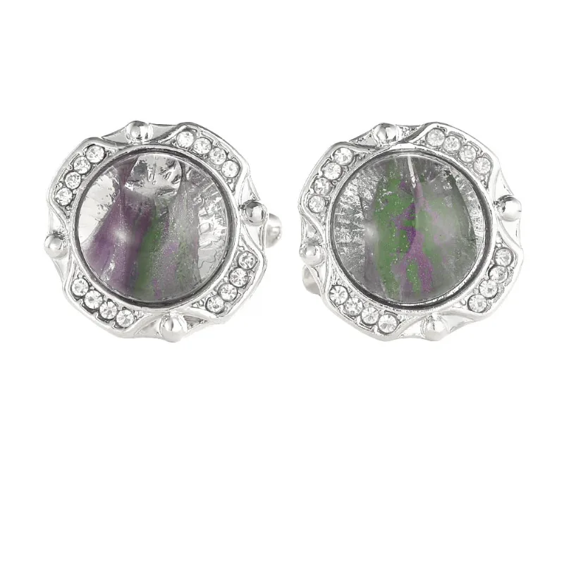 Vidro De Cristal Redondo Cuff Links Para Homens Prateado