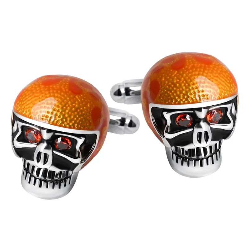Cufflinks Skull Para Homens Com Esmalte Laranja E Olho De Cristal Vermelho