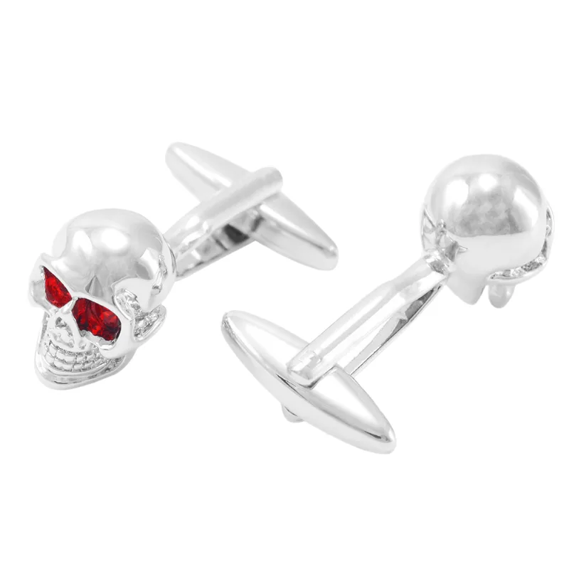 Cuff Links, Crânio Com Olhos De Pedra Preciosa Vermelha, Aço Prateado
