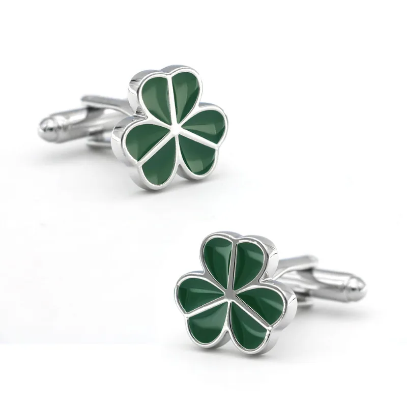 Trevo De Quatro Folhas De Esmalte Verde Cufflinks Para Homens Em Cobre