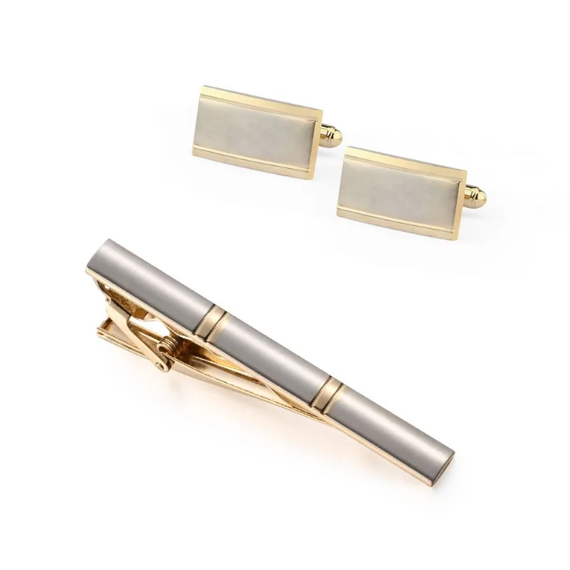 Conjunto De Abotoaduras E Clipes De Gravata Banhado A Ouro Para Homens