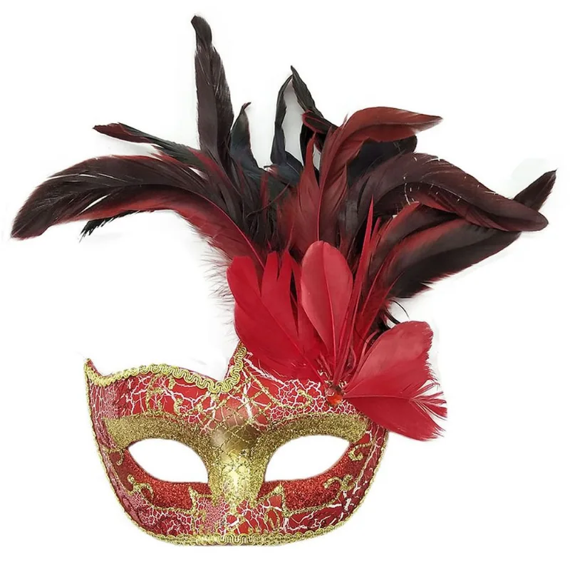 Máscara De Mascarada Com Metade De Pvc Vermelho E Dourado Emplumada Para Adulto