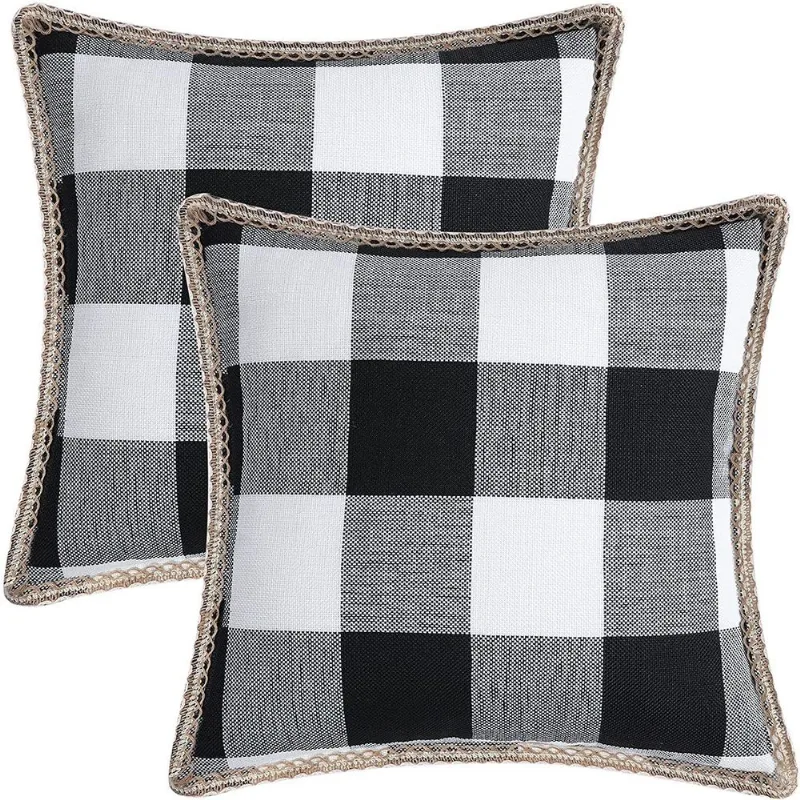 Conjunto De Capas De Travesseiro Buffalo Check, Preto, Branco, Linho X2 X 45 Cm