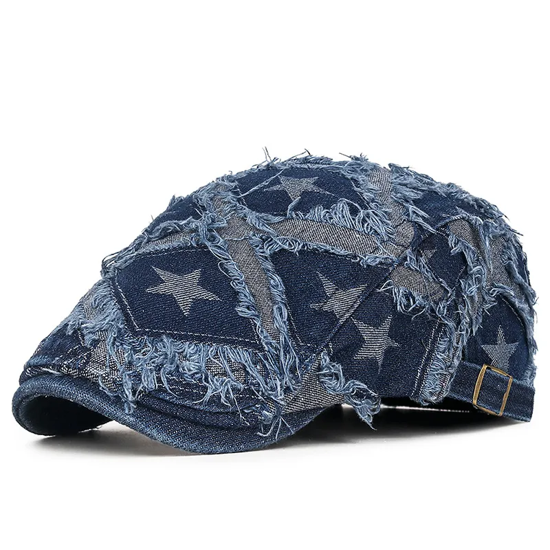 Chapéu Unissex Com Boné Plano Gatsby Newsboy Star Patchwork Denim