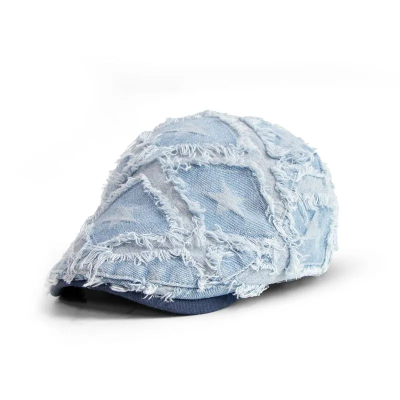 Jeans Envelhecido De Patchwork Unissex Com Boné Plano Gatsby Newsboy