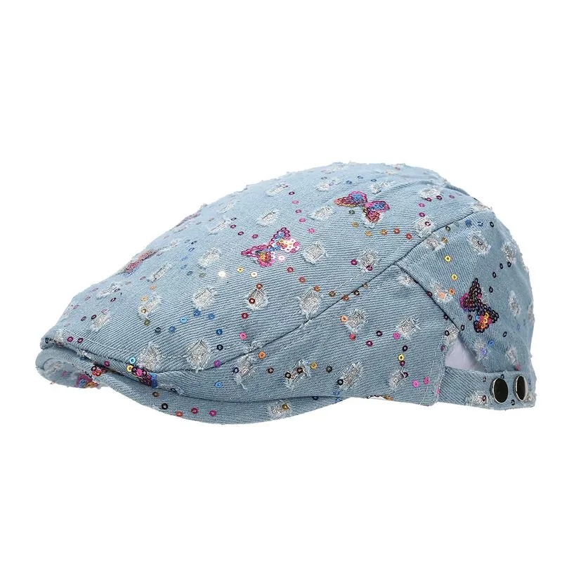 Chapéu Unissex De Lantejoulas, Borboleta, Jeans, Boné Plano, Gatsby Newsboy