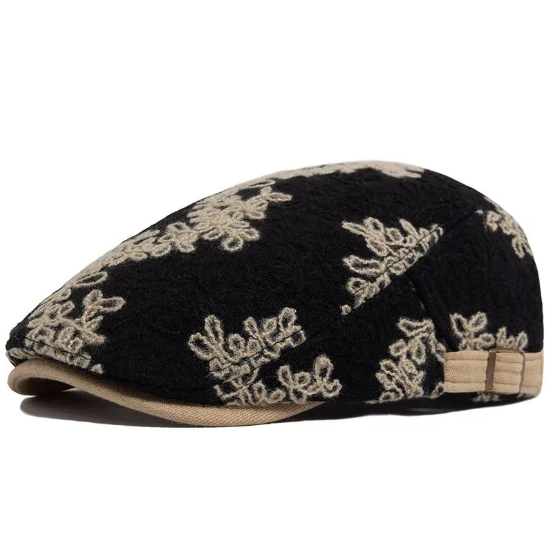 Boné Plano Gatsby Newsboy, Chapéu Masculino, Preto/bege, Algodão Floral