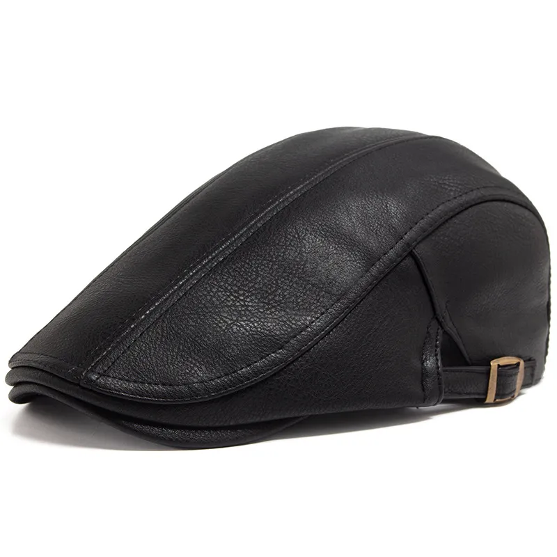 Boné Plano Gatsby Newsboy, Chapéu De Couro Preto Para Homens