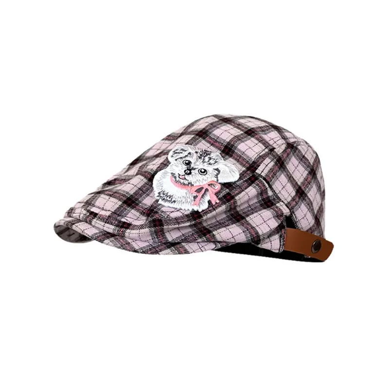 Boné Plano Feminino Xadrez Com Bordado De Cachorro, Jornaleiro Vintage
