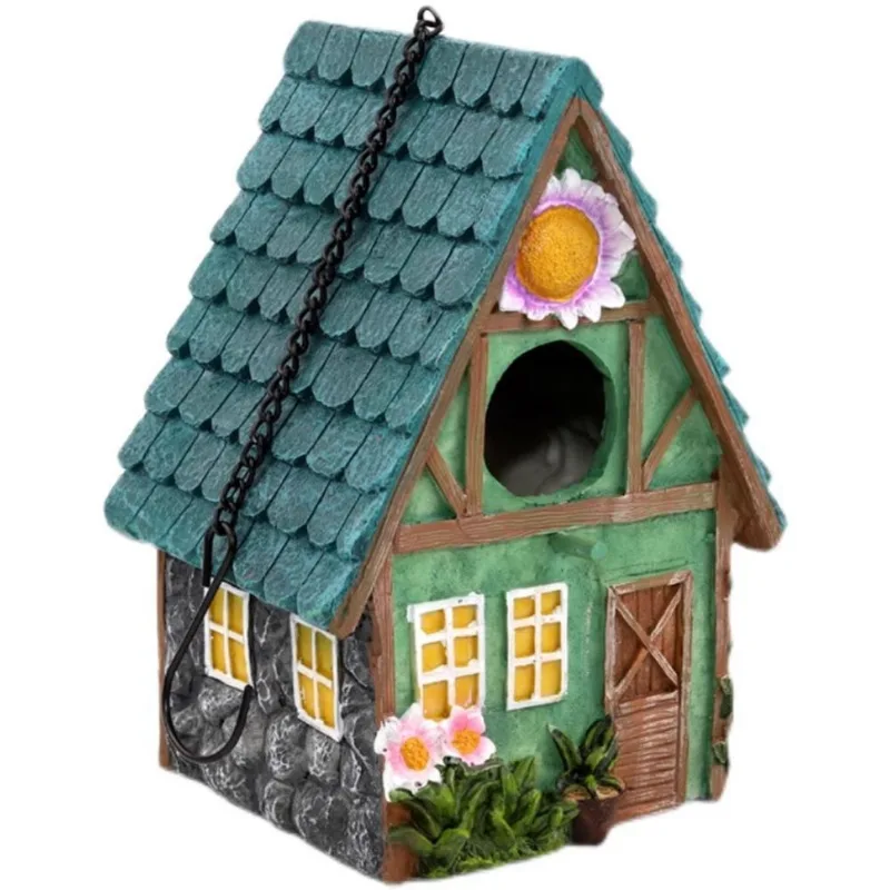 Resina Encantadora Birdhouse Para Decoração De Jardim, Pendurar Ao Ar Livre