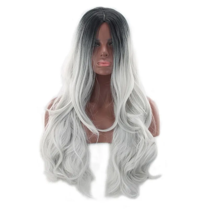 Peruca De Cosplay Genérica Preta A Prata Cinza Ombre Longa Ondulada