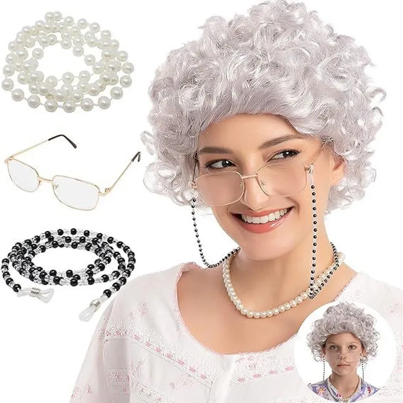 Conjunto De Perucas De Cosplay Old Lady Short Curly Silver Para Crianças/adultos