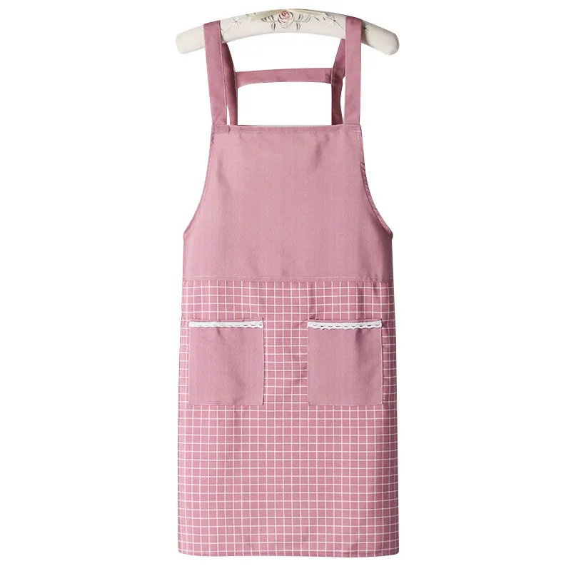 Avental Rosa Grid De Algodão Sem Mangas Para Cozinha Feminina 81x69cm