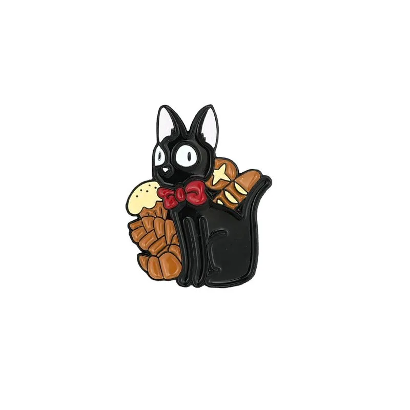 Broche Pins De Gato Preto De Desenho Animado Com Laço Vermelho E Pão