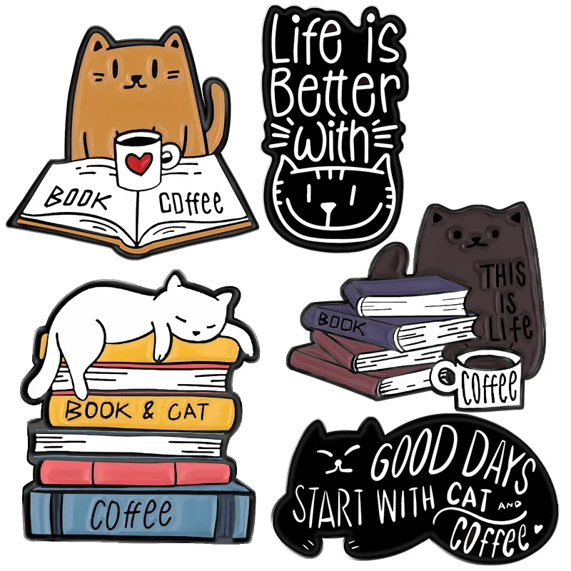 Conjunto De Alfinetes De Broche, Desenho Animado, Gato, Livro E Tema De Café, Liga