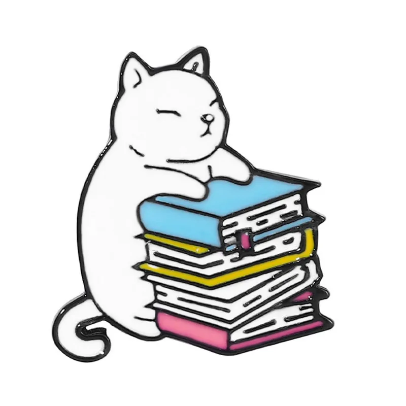 Alfinetes De Broche Cartoon Cat Esmalte Pins Reading Cat