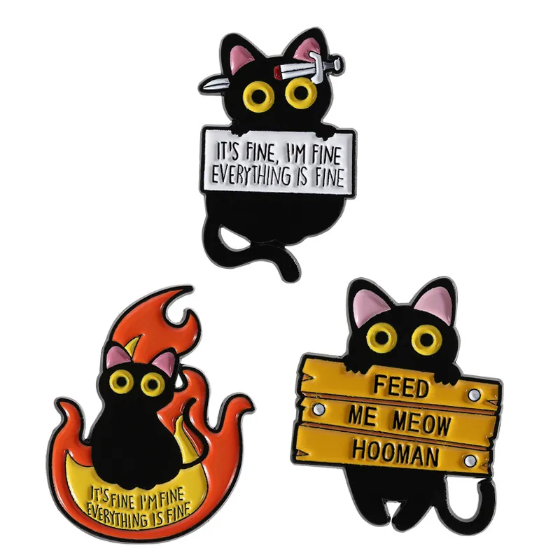 Conjunto De Alfinetes De Broche Em Liga De Esmalte Black Cat Para Roupas, 3 Peças