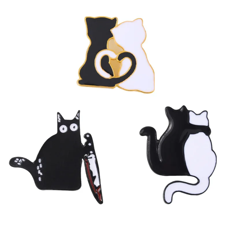 Conjunto De Alfinetes De Broche Cartoon Cat Em Liga Preta E Branca
