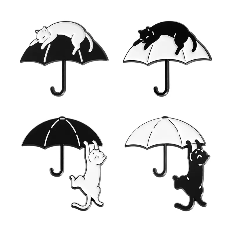Alfinetes De Broche: Gato Fofo Com Design De Guarda-chuva Em Preto E Branco
