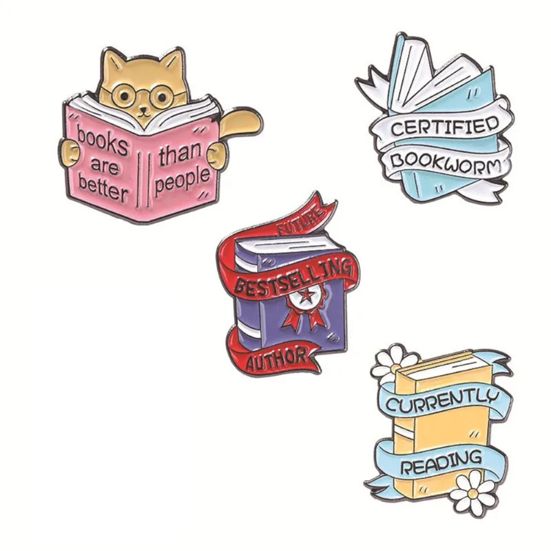 Brooch Pins Set Book Theme With Cute Cat Reading Quote X4