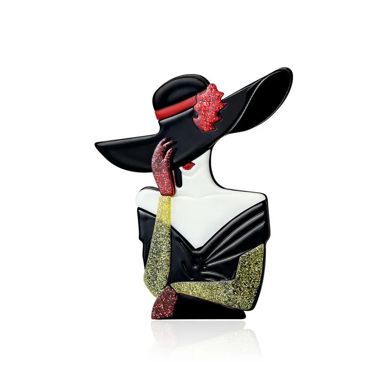 Broche Fashion Lady Com Chapéu De Aba Larga Em Liga Acrílica