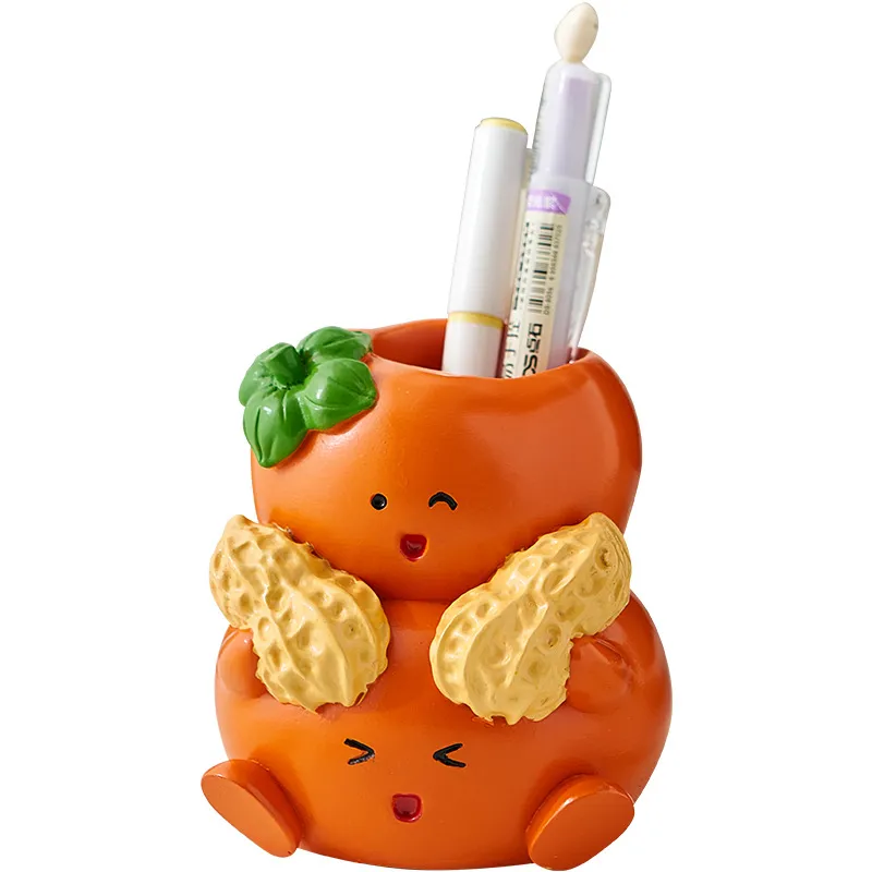 Porta-canetas Creative Resin Orange Cartoon Com Decoração De Amendoim