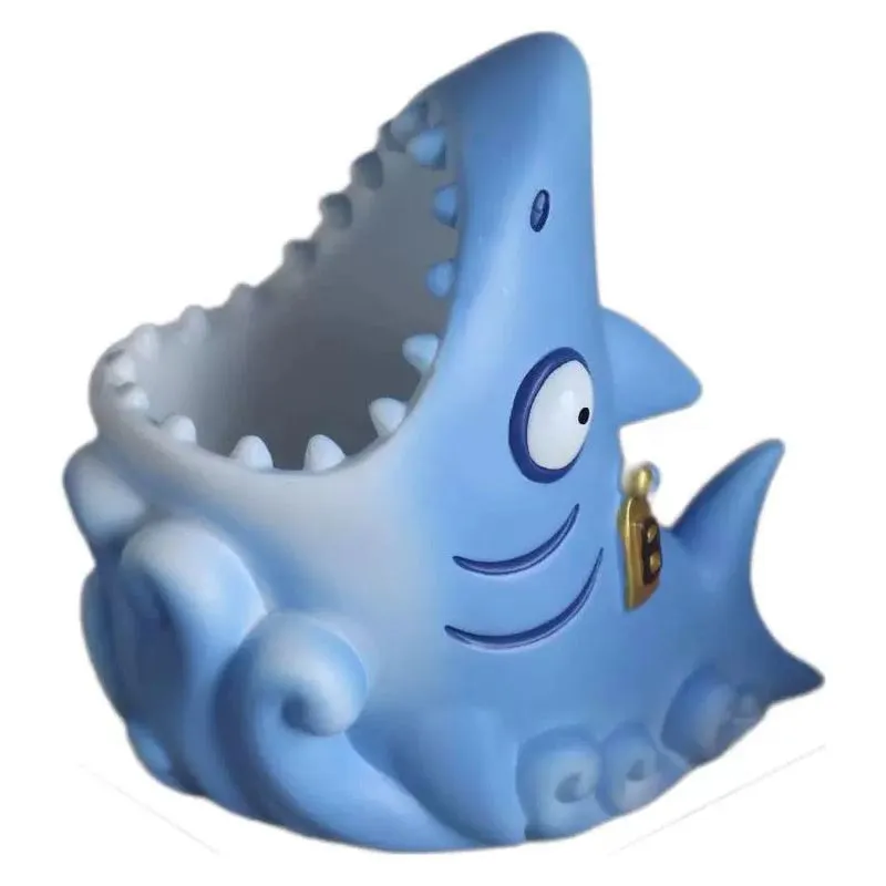 Porta-canetas Creative Resin Shark Cartoon Ocean Wave Design