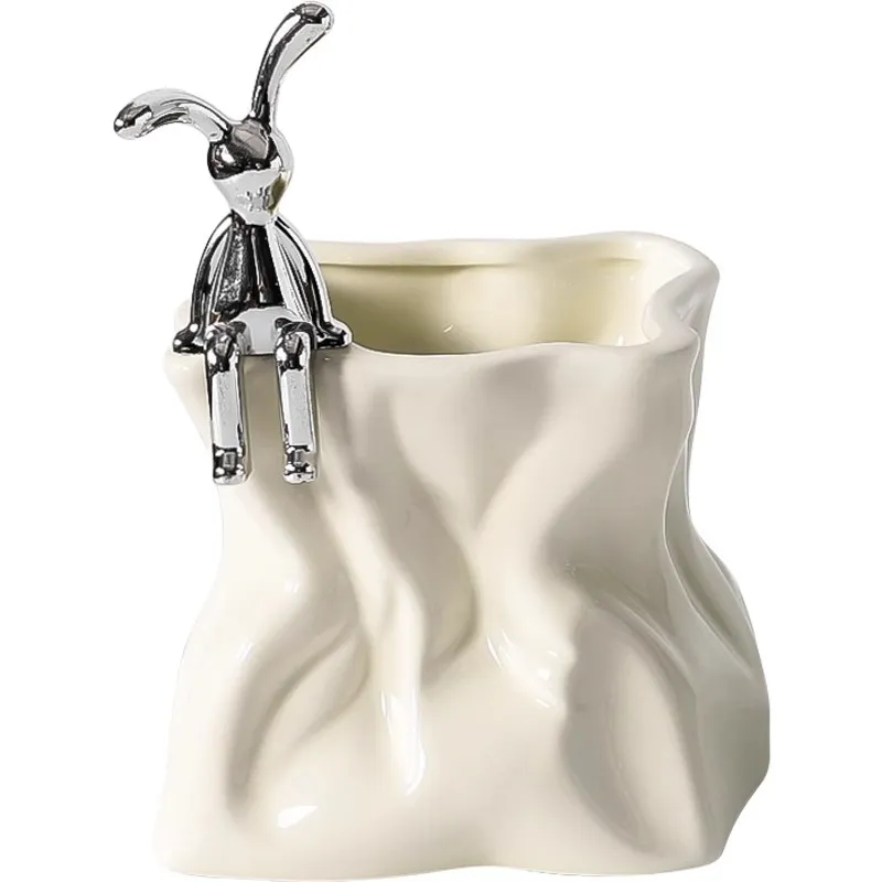 Porta-canetas Com Design Enrugado De Cerâmica Com Figura De Coelho De Metal