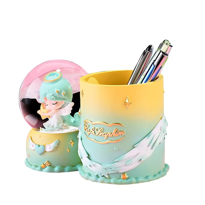 Porta-canetas Creative Angel Girl Com Luz De Bola De Cristal 675g