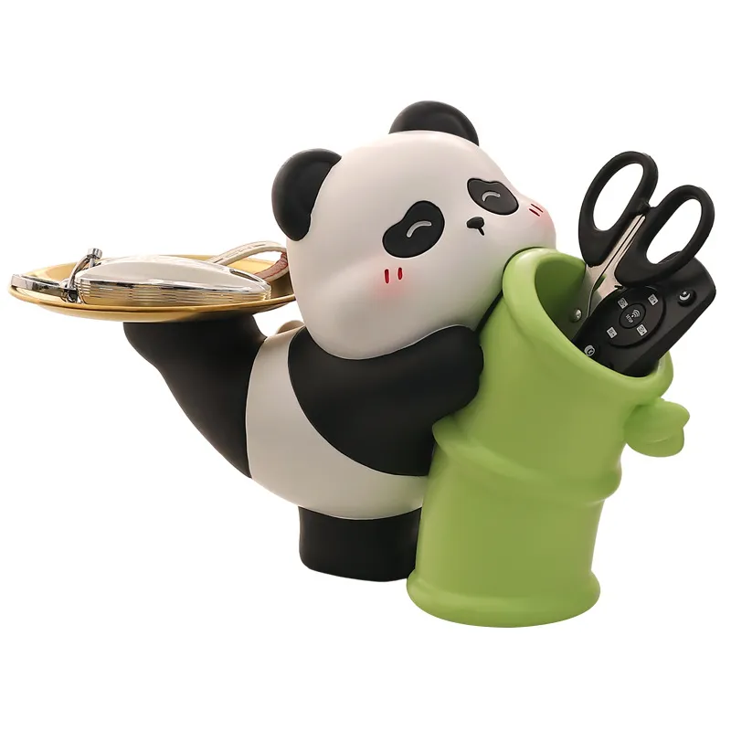 Porta-canetas Panda Resin Com Banheira De Bambu Para Mesa De Escritório