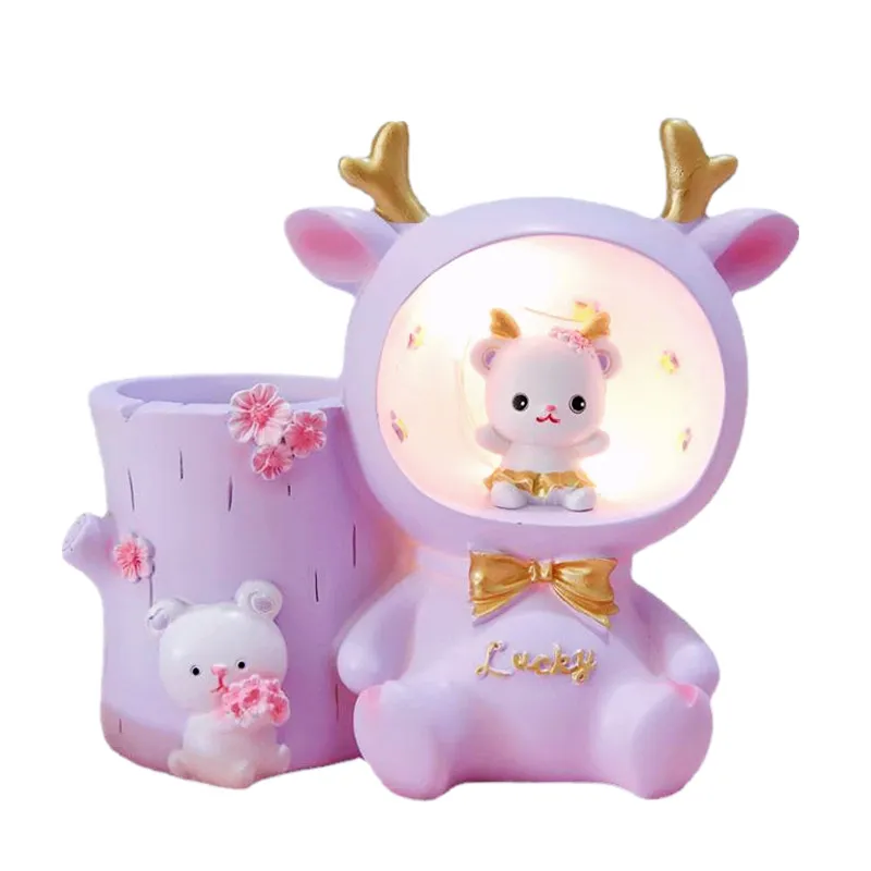 Porta-canetas: Resina De Veado De Desenho Animado Com Luz Noturna Led, Decoração De Mesa