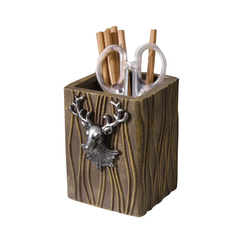Porta-canetas Vintage Deer Head Design Wood 8,6 X 8,3 X 11,4 Cm