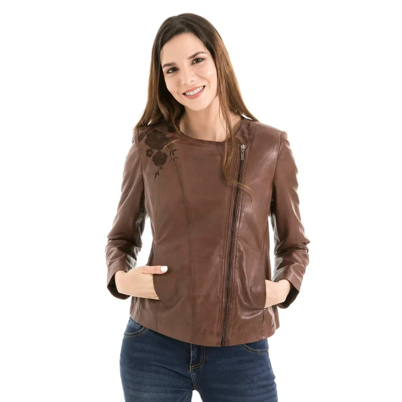 Chaqueta tejido floral de cuero para mujer Miel L