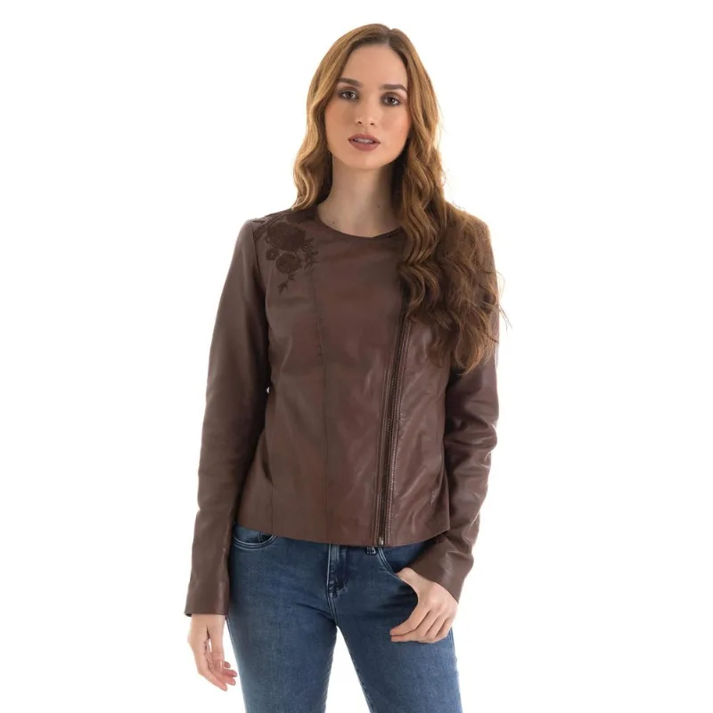 Chaqueta tejido floral de cuero para mujer Café L