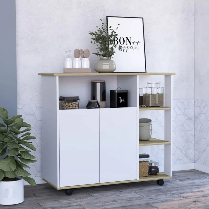 Mesón de Cocina Bicolor 2 Puertas con Ruedas Melamina Blanco/Duna Tuhome
